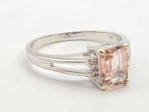 0351: Vintage: 14ct White Gold Emerald Cut Pink Morganite Diamonds Cocktail Ring