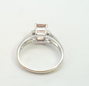 0351: Vintage: 14ct White Gold Emerald Cut Pink Morganite Diamonds Cocktail Ring