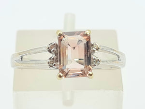 0351: Vintage: 14ct White Gold Emerald Cut Pink Morganite Diamonds Cocktail Ring