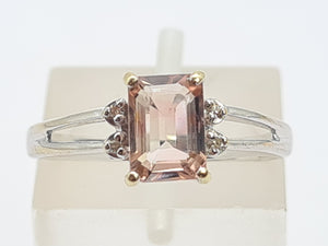 0351: Vintage: 14ct White Gold Emerald Cut Pink Morganite Diamonds Cocktail Ring