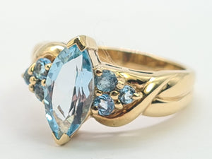 0377: Vintage; Statement 9ct Gold  7 Swiss Blue Topaz Cocktail Ring-