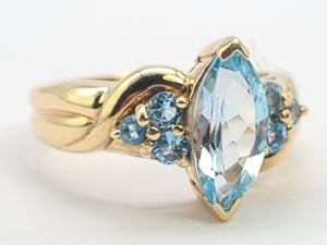 0377: Vintage; Statement 9ct Gold  7 Swiss Blue Topaz Cocktail Ring-