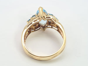 0377: Vintage; Statement 9ct Gold  7 Swiss Blue Topaz Cocktail Ring-