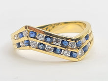 Load image into Gallery viewer, 0260: Vintage: 18ct Gold Cornflower Blue Sapphires Diamonds Wishbone/Stacker Ring
