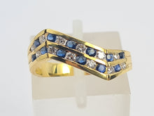 Load image into Gallery viewer, 0260: Vintage: 18ct Gold Cornflower Blue Sapphires Diamonds Wishbone/Stacker Ring
