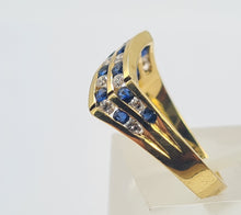 Load image into Gallery viewer, 0260: Vintage: 18ct Gold Cornflower Blue Sapphires Diamonds Wishbone/Stacker Ring
