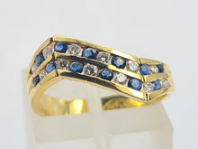 Load image into Gallery viewer, 0260: Vintage: 18ct Gold Cornflower Blue Sapphires Diamonds Wishbone/Stacker Ring
