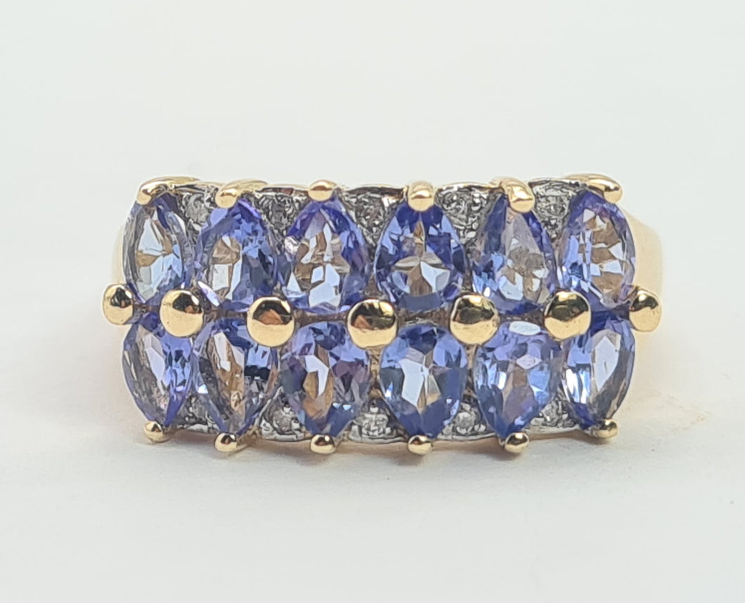 0331: Vintage: 9ct Gold Blue Tanzanites Diamonds Tiered Cocktail Ring- FAB