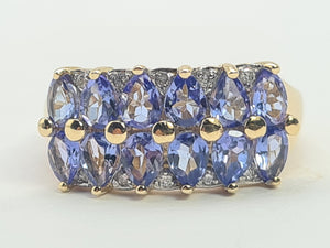 0331: Vintage: 9ct Gold Blue Tanzanites Diamonds Tiered Cocktail Ring- FAB