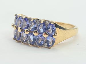 0331: Vintage: 9ct Gold Blue Tanzanites Diamonds Tiered Cocktail Ring- FAB