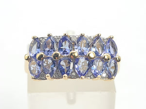 0331: Vintage: 9ct Gold Blue Tanzanites Diamonds Tiered Cocktail Ring- FAB