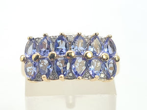 0331: Vintage: 9ct Gold Blue Tanzanites Diamonds Tiered Cocktail Ring- FAB