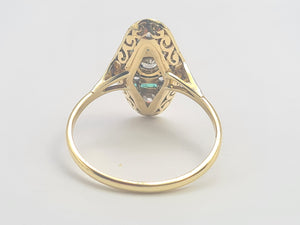 6166: Antique: 18ct Gold Art Deco Emerald Diamonds Panel Ring
