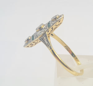 6166: Antique: 18ct Gold Art Deco Emerald Diamonds Panel Ring