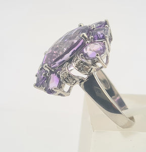 0309: Vintage: Statement 9ct White Gold Lilac Amethysts Diamonds Cocktail Ring-