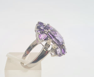 0309: Vintage: Statement 9ct White Gold Lilac Amethysts Diamonds Cocktail Ring-