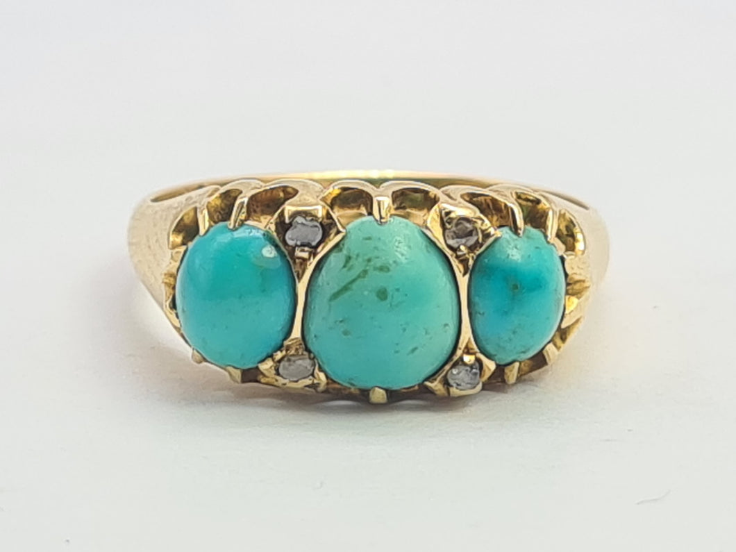 0540: Antique: 18ct  Gold Turquoises Rose Cut Diamonds - Date Mark 1911