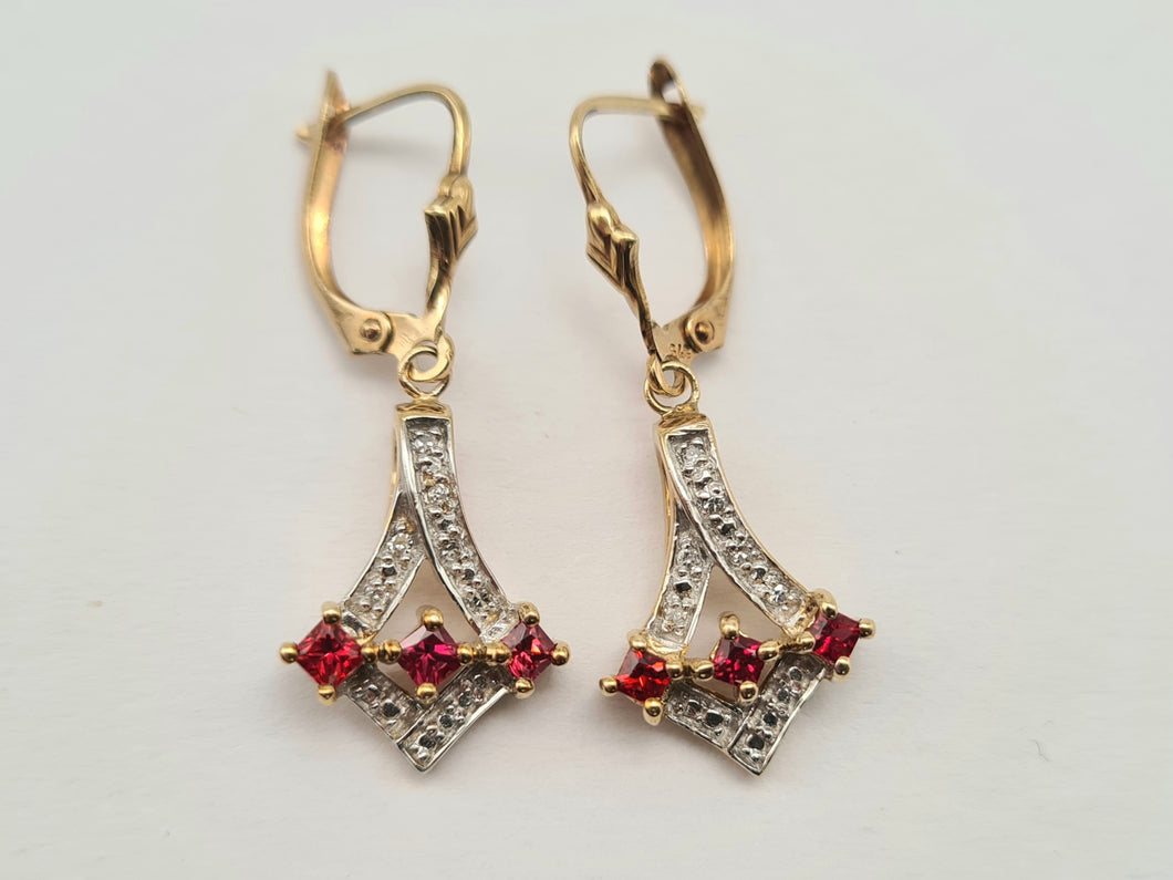 0551: Vintage: 9ct Gold Rubies Diamonds Drop Earrings- nice weight