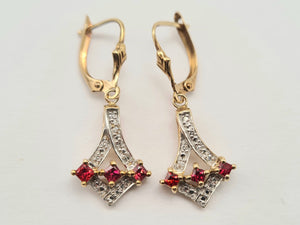 0551: Vintage: 9ct Gold Rubies Diamonds Drop Earrings- nice weight