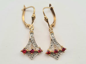 0551: Vintage: 9ct Gold Rubies Diamonds Drop Earrings- nice weight