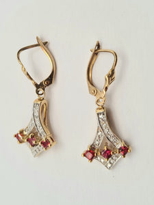 0551: Vintage: 9ct Gold Rubies Diamonds Drop Earrings- nice weight