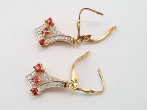 0551: Vintage: 9ct Gold Rubies Diamonds Drop Earrings- nice weight