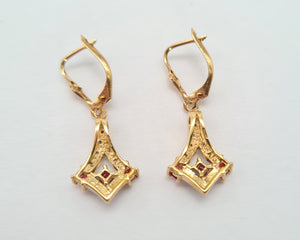 0551: Vintage: 9ct Gold Rubies Diamonds Drop Earrings- nice weight