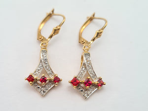 0551: Vintage: 9ct Gold Rubies Diamonds Drop Earrings- nice weight