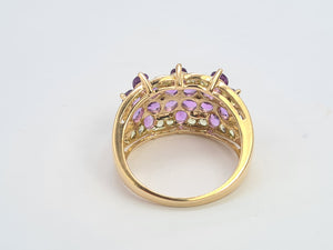 0304: Vintage: Sensational 14ct Gold Amethysts, Peridots, Diamond's Cluster Cocktail Ring-