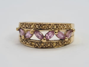 0340: Vintage: 9ct Gold Amethysts Citrines Openwork Band- lovely combination