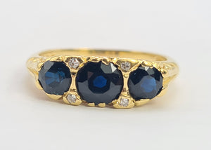 0452: Vintage: 18ct Gold French Blue Sapphires Trilogy Diamonds Ring- Date-Mark 1973