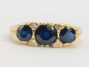 0452: Vintage: 18ct Gold French Blue Sapphires Trilogy Diamonds Ring- Date-Mark 1973