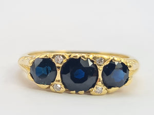 0452: Vintage: 18ct Gold French Blue Sapphires Trilogy Diamonds Ring- Date-Mark 1973