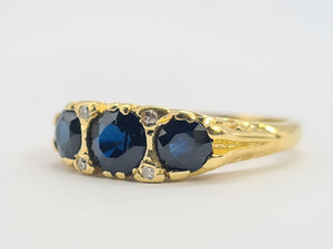 0452: Vintage: 18ct Gold French Blue Sapphires Trilogy Diamonds Ring- Date-Mark 1973