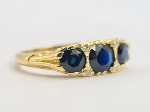 0452: Vintage: 18ct Gold French Blue Sapphires Trilogy Diamonds Ring- Date-Mark 1973