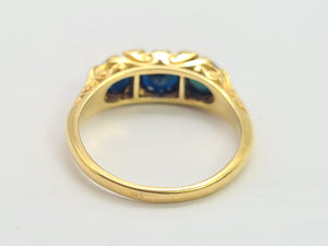 0452: Vintage: 18ct Gold French Blue Sapphires Trilogy Diamonds Ring- Date-Mark 1973