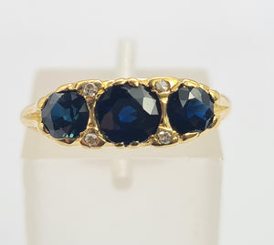 0452: Vintage: 18ct Gold French Blue Sapphires Trilogy Diamonds Ring- Date-Mark 1973