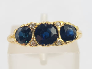 0452: Vintage: 18ct Gold French Blue Sapphires Trilogy Diamonds Ring- Date-Mark 1973