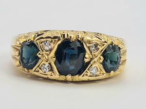 0455: Vintage: 18ct Gold Australian Blue Sapphires Diamonds Statement Ring- Date Mark 1972