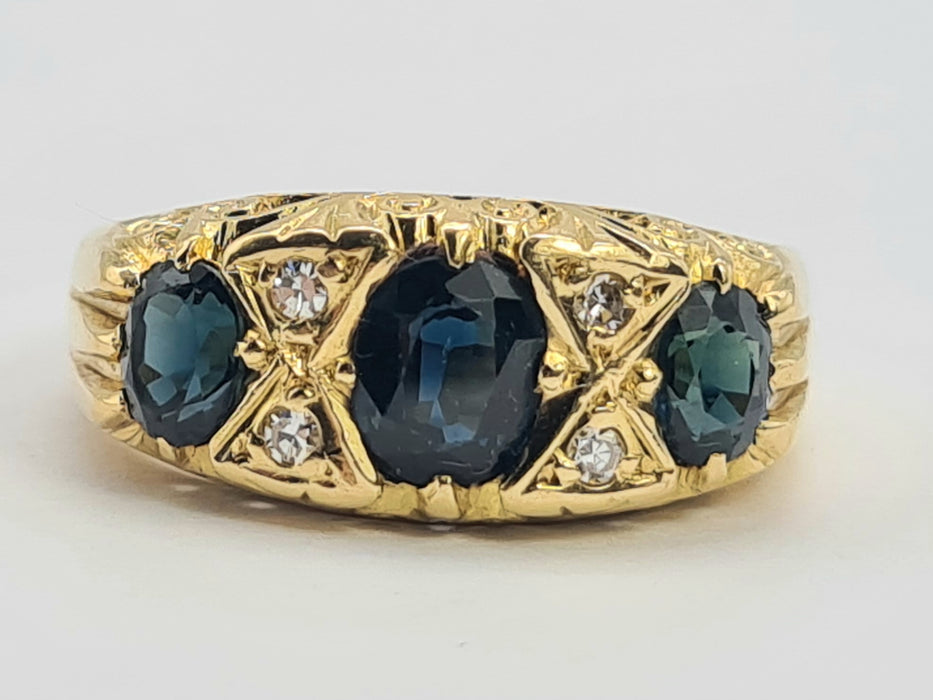 6180 Vintage: 18ct Gold Australian Blue Sapphires Diamonds Statement Ring-From 1972