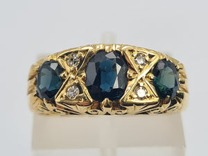 0455: Vintage: 18ct Gold Australian Blue Sapphires Diamonds Statement Ring- Date Mark 1972