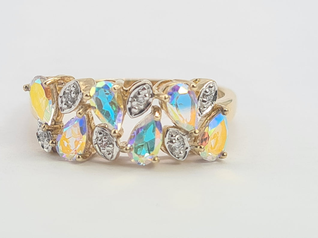 0459: Vintage: 9ct Gold Mercury Topaz Diamonds Dress Ring- amazing array of colours