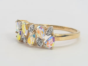 0459: Vintage: 9ct Gold Mercury Topaz Diamonds Dress Ring- amazing array of colours