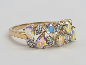 0459: Vintage: 9ct Gold Mercury Topaz Diamonds Dress Ring- amazing array of colours