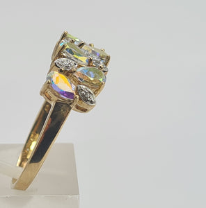 0459: Vintage: 9ct Gold Mercury Topaz Diamonds Dress Ring- amazing array of colours