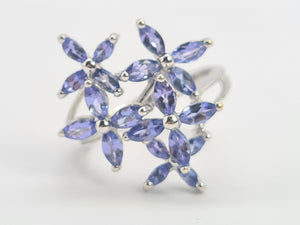 0461: Vintage: 9ct White Gold Marquise Cut Tanzanites Floral Cocktail Ring-FAB