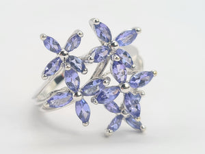 0461: Vintage: 9ct White Gold Marquise Cut Tanzanites Floral Cocktail Ring-FAB