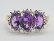 Load image into Gallery viewer, 0504: Vintage: 9ct Gold Purple Amethysts 28 Diamonds Halos Dress Ring- elegant
