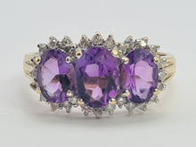 Load image into Gallery viewer, 0504: Vintage: 9ct Gold Purple Amethysts 28 Diamonds Halos Dress Ring- elegant
