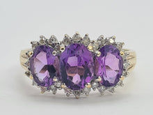 Load image into Gallery viewer, 0504: Vintage: 9ct Gold Purple Amethysts 28 Diamonds Halos Dress Ring- elegant
